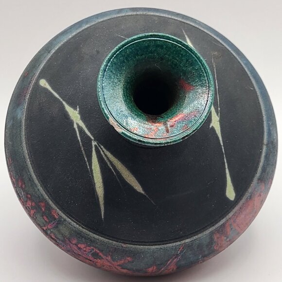 Robert Ellert Signed Raku Pottery Vase Iridescent Red Green Blue Black 6.5" H - Picture 5 of 10